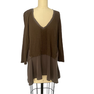 Anthropologie Meadow Rue Melia Peplum Blouse Top XL Mocha 3/4 Sleeve V-Neck